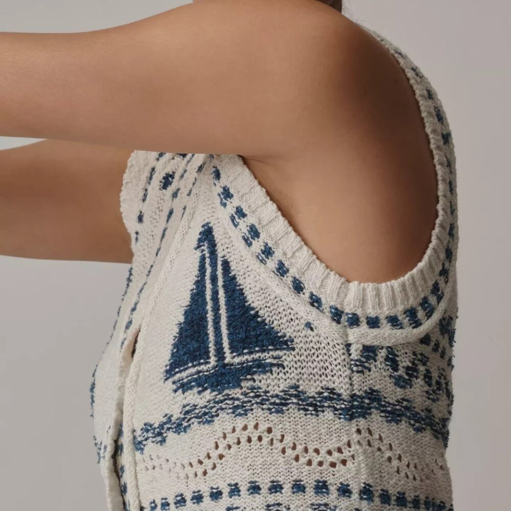 Anthropologie Pilcro V-Neck Sailboat Motif Cardigan Sweater Vest Nautical M NWT - Picture 4 of 5
